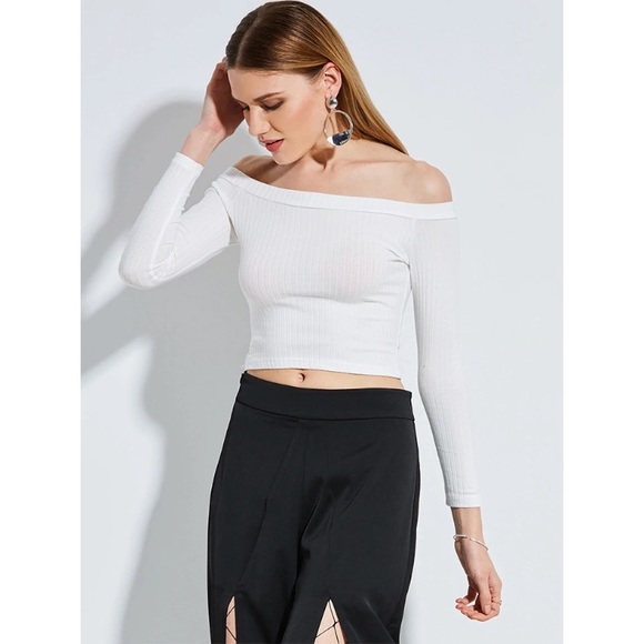 Women’s White Off Shoulder Long Sleeve Crop Top - Picture 4 of 8